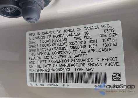 2019 Honda Cr-V Touring z USA, uszkodzony, nr VIN 2HKRW2H94KH623003